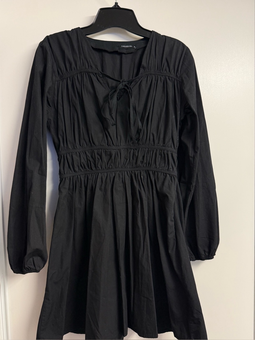 Trendyol Black Long Sleeve Tie-Front Smock Dress
